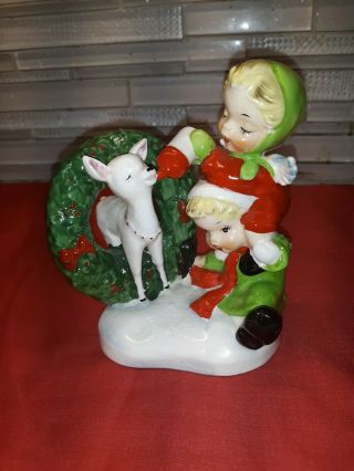 Rare Vintage Napco Japan Angel Girls Feeding Baby Deer Christmas Figurine S1709