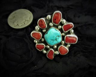 Classic Vintage Old Pawn Navajo Sterling Silver Coral Turquoise Flower Ring 8.  5