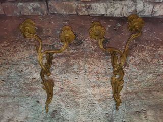 Antique Vintage Pair Solid Brass French Rococo Wall Sconces 2 Arm Candelabra