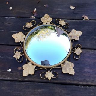 Old Vintage Retro Convex Mirror In A Metal Leaf Design Frame