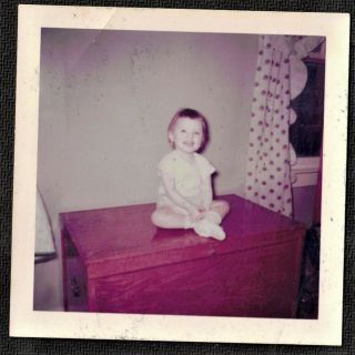 Vintage Photograph Cute Baby Sitting On Toy Chest