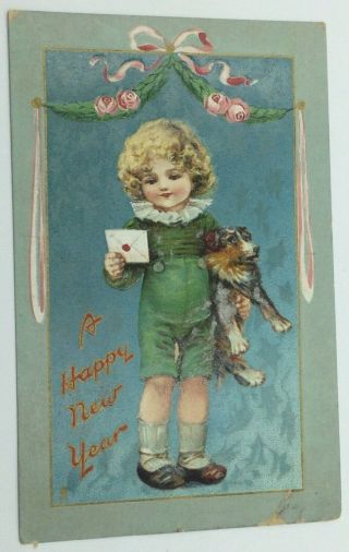 Vintage Year Postcard,  By Tuck Series 601,  Boy & Dog,  Embossed Posted 1911