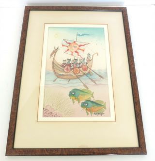 Vintage 1980 Mark Perrin Framed Watercolor 19 " X 14 " Rowing Boat/ Fish