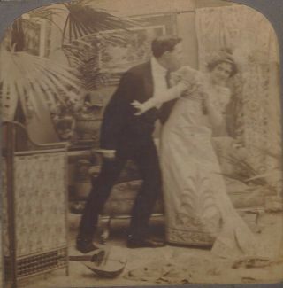 1899 " Not For The World " Resisting Kiss By Suitor,  Stereoview Card