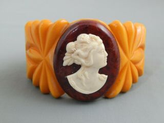 Vintage Art Deco Carved Butterscotch Egg Yolk Bakelite Cameo Clamper Bracelet