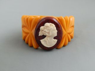 Vintage Art Deco Carved Butterscotch Egg Yolk Bakelite Cameo Clamper Bracelet 2
