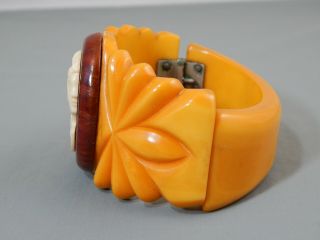 Vintage Art Deco Carved Butterscotch Egg Yolk Bakelite Cameo Clamper Bracelet 3