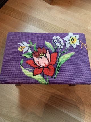 Vintage Needlepoint Ottoman Hassock Foot Stool Queen Anne Victorian