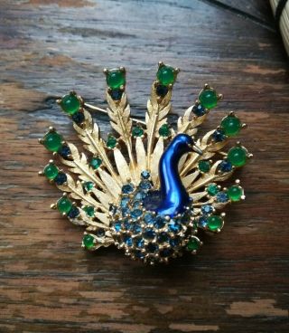 Vintage Signed ©boucher 8908 Rhinestone Enamel Peacock Brooch Pin