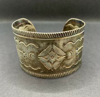 Vintage Sterling Silver - Navajo Ornate Stamped Solid Cuff Bracelet