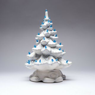 Vintage 16 " Atlantic Mold Ceramic Christmas Tree White With Blue Accents & Bulbs