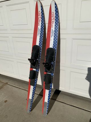Water Skis Taperflex Of America Vtg Pair Wood Competition American Flag