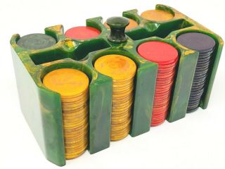 Vintage Bakelite 8 Slot Poker Chip Card Caddy Set Green Swirled With 205 Chips