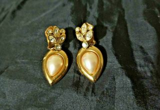 Vintage Jewelry Earrings Gold Signed Christian Dior Faux Pearls Crystal