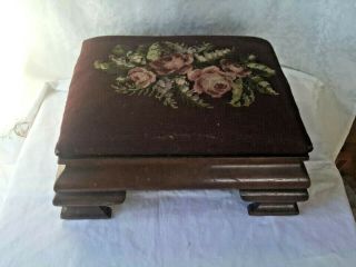Antique French Style Foot Stool Ottoman Needlepoint Floral Roses Carved Wood