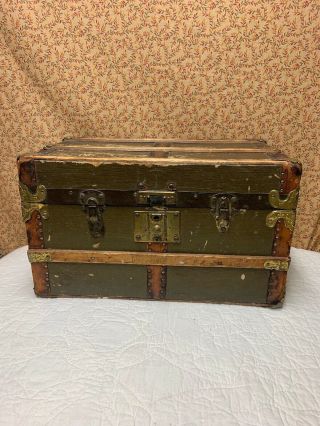 Antique Old Wooden Trunk Chest Box Leather Straps Decor Empty Treasure Chest