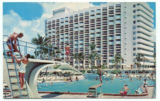 Miami Beach Fl Americana Hotel Pool Diving Board Vintage Postcard Florida