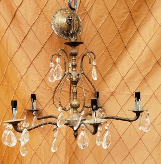 Vintage Brass/bronze And Crystal Chandelier 5 Arm 5 Light Made In Spain