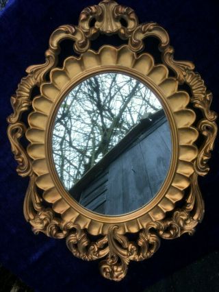 Vintage Antique Rococo Style Gilt Fleur De Lis Oval Wall Mount Mirror 1950s 40s