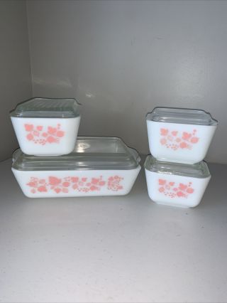 Set Of 4 Vintage Pyrex Pink Gooseberry Refrigerator Dishes Complete W Lids Euc