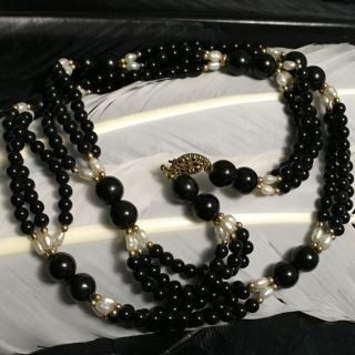 Vintage Estate 14k Yellow Gold Filled Pearl & Onyx 24” Long Necklace