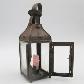 Authentic Antique French C1880 Small Tin Metal Candle Lantern Hang / Stand Lamp