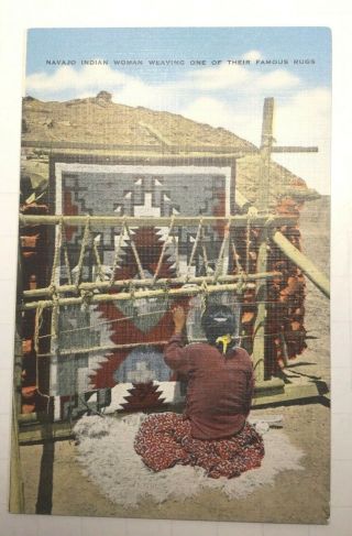Vintage Native American Postcard,  Navajo Indian Woman Weaving Rug,  Unposted