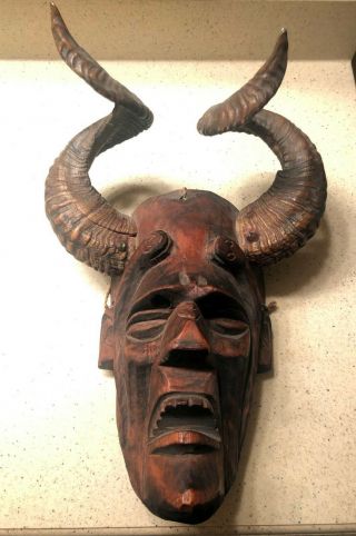 Vintage Mexican Folk Art Carved Wood Devil Diablo Mask With Ram Horns
