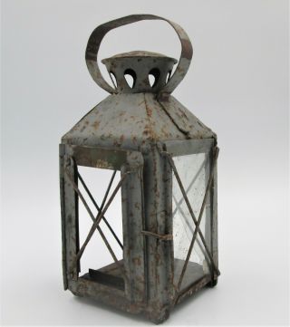 Authentic Antique French C1880 Tin Metal Candle Lamp Hang Stand Carry Lantern