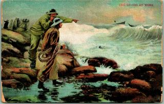 Vintage 1910 Disaster Postcard " Life Savers At Work " Beach / Storm Scene
