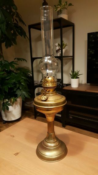 Vintage Brass Duplex Burner Oil Lamp With Intact Glass Chimney
