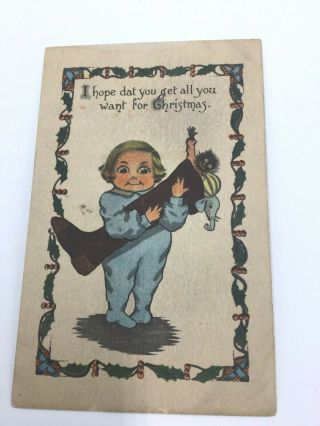 Vintage Christmas Postard “i Hope Dat You Get.  ”,  Boy,  Toys,  Stocking,  Unposted
