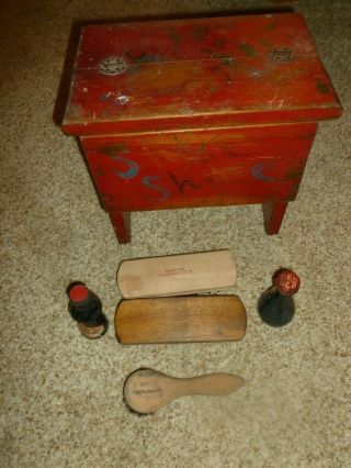Vintage Old Red Wooden Shoe Shine Stool Bench Box Set Polish Brush