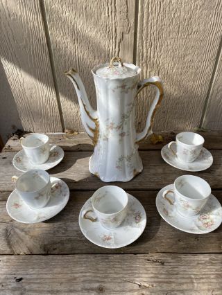 Vintage Theodore Haviland Limoges France Coffee Tea Pot 5 Cups And Saucers Lid