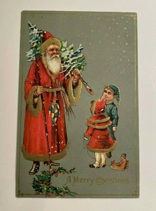 Vintage Christmas Postcard: Santa With Tree And Children,  1910 - 20 