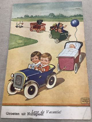 Vintage Postcard From Netherlands Dutch Antique Car Stroller Cat Dog Children