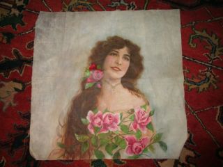 Antique Vintage Carnival Painting On Fabric Victorian Lady With Roses