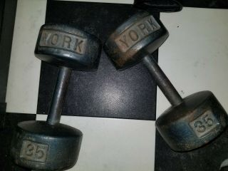 Vintage York 35 Pound Dumbbells Pre - Usa Roundhead 35 Lb Total Weight 70 Lb
