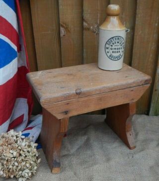 Antique/vintage Small Primitive Rustic Pine Wood Stool Weathered Worn Patina
