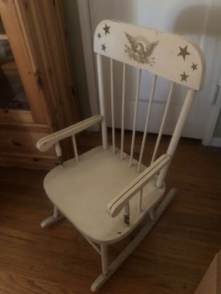 Vintage Child Solid Wood Rocking Chair Painted Golden Eagle And Stars