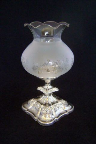Vintage Silver Plated Candle Lamp With Tulip Shaped Etched Glass Shade