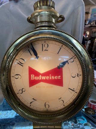 Vintage Budweiser 2 Side Rotating Pocket Watch Lighted Sign W/ Lighted Fob