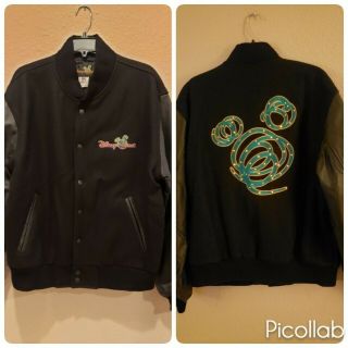 Vtg Rare Disney Quest Wool Leather Limited Edition Fiber Optic Jacket Black Sz M