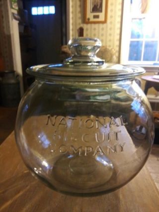 Vintage Early 1900’s Embossed Glass National Biscuit Company Jar W/ Lid,  Nabisco