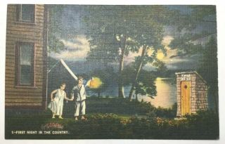 Vintage Comic Postcard " First Night In The Country " Linen By Asheville Unposted