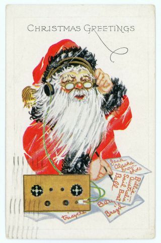 Vintage 1930 Christmas Postcard Santa Claus Wireless Receiver Crystal Set Radio
