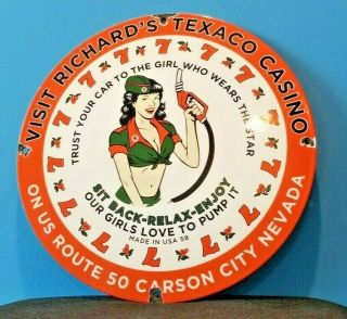 Vintage Texaco Gasoline Porcelain Pin Up Girl Casino Gas Oil Route Service Sign