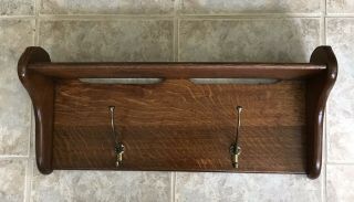 Vintage Solid Oak Handmade 2 - Hook Coat Rack With Shelf