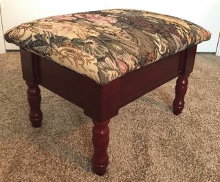 Vintage Small Tapestry Foot Stool Flowered Top,  Red Cherry Wood - Opens Storage