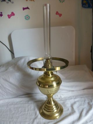 Vintage British Made V Brass Oil Lamp With High Glass Chimney Funnel Flute
